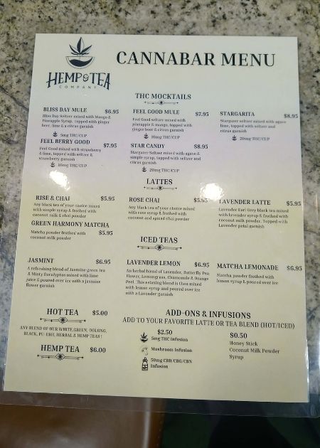Hemp and Tea Company Cannabar menu in Charlotte