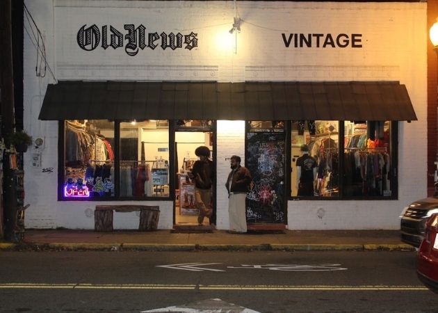 OldNews Vintage clothing store in NoDa Charlotte photographed at night