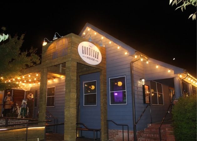 The Goodyear House restaurant at night in NoDa Charlotte