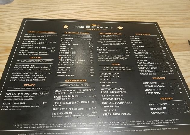 The Smoke Pit Charlotte table and restaurant menu