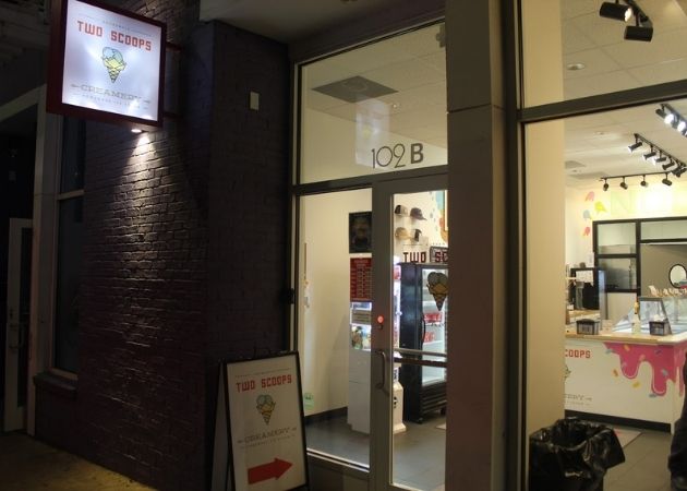 Two Scoops Creamery storefront open at night in NoDa Charlotte